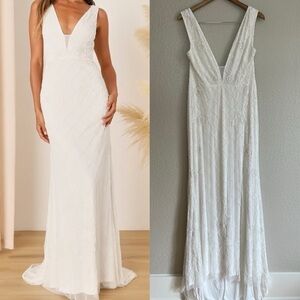 Cherished Destiny White Sequin Beaded Mermaid Maxi Dress